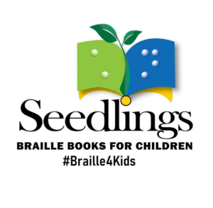 Seedlings logo with a book in braille illustration and the words: Braille Books for Children
