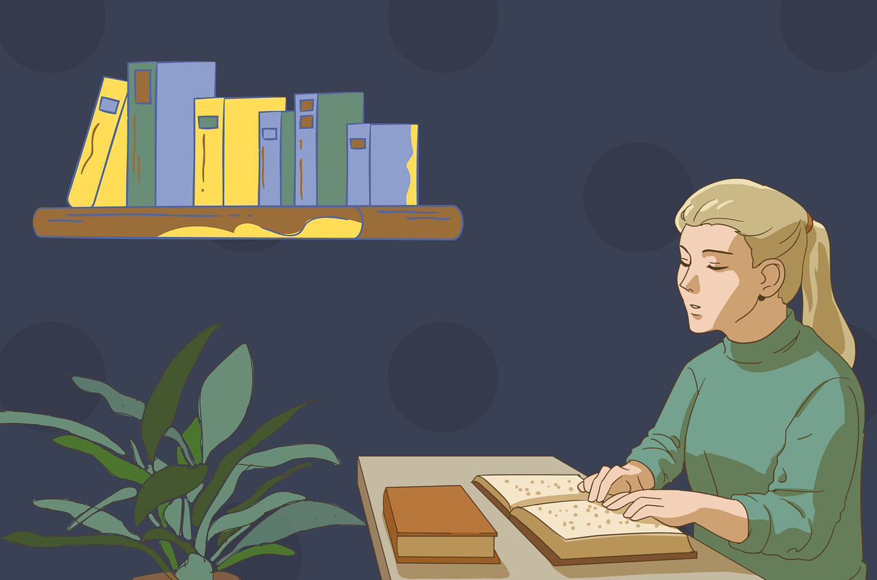 Illustration of a girl reading a braille book