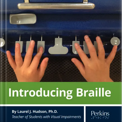 Introducing Braille book cover with small hands on the braille keys.