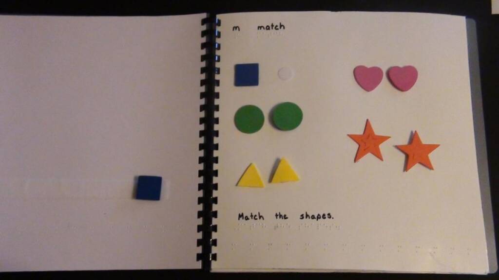 Foam square, circle, triangle, heart and star shapes are adhered to the page. Beside each shape is a Velcro circle.