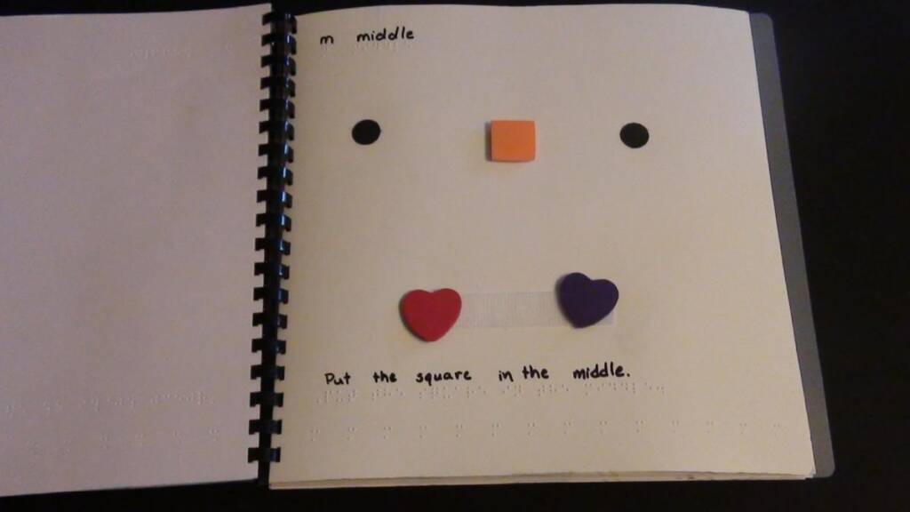 Three Velcro circles are spaced out in a line across the middle of the page. Below the Velcro circles is a Velcro line. Two foam hearts and a foam square (Velcro is adhered to the back of each shape) are placed on the Velcro line.