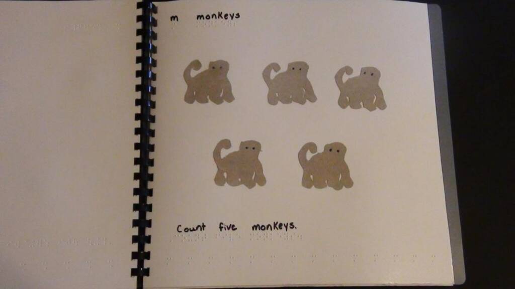 Five monkeys (same shape and texture as the monkeys used in the tactile book) are adhered in two lines across the middle of the page.