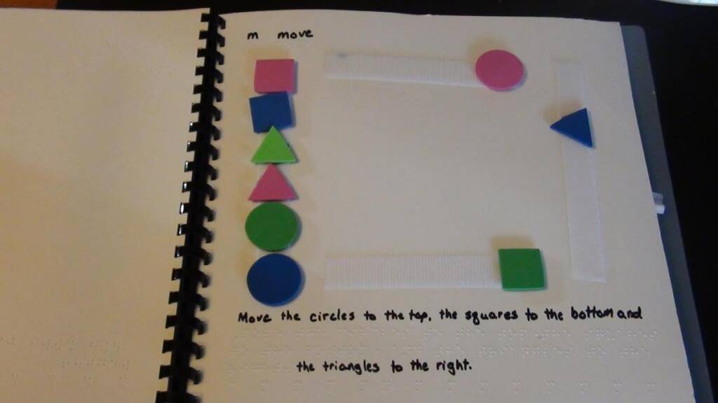 Four Velcro strips are placed along the four edges of the page (one Velcro strip at the top of the page, one at the left, one at the right, and one at the bottom – just above the braille/print directions.