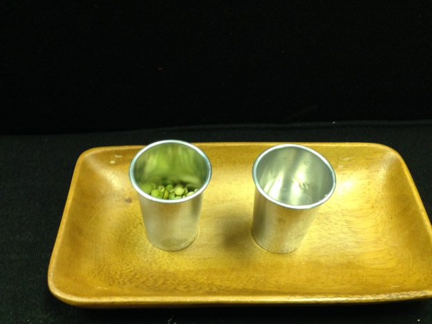 Metal cups on tray can be used for a pouring activity.