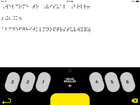 Screenshot of Visual Brailler with example of braille text and keyboard