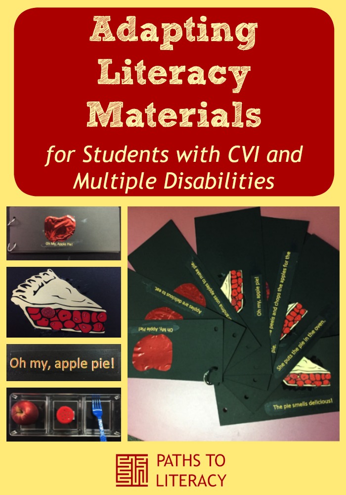 collage of adapting literacy materials for students with CVI and multiple disabilities