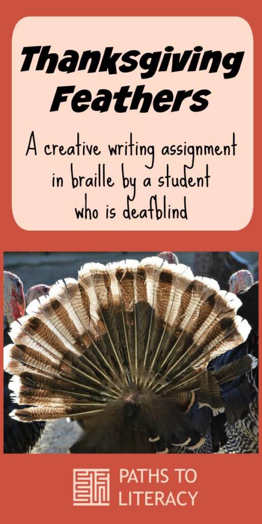 Collage of Thanksgiving Feathers: A creative writing assignment in braille by a student who is deafblind