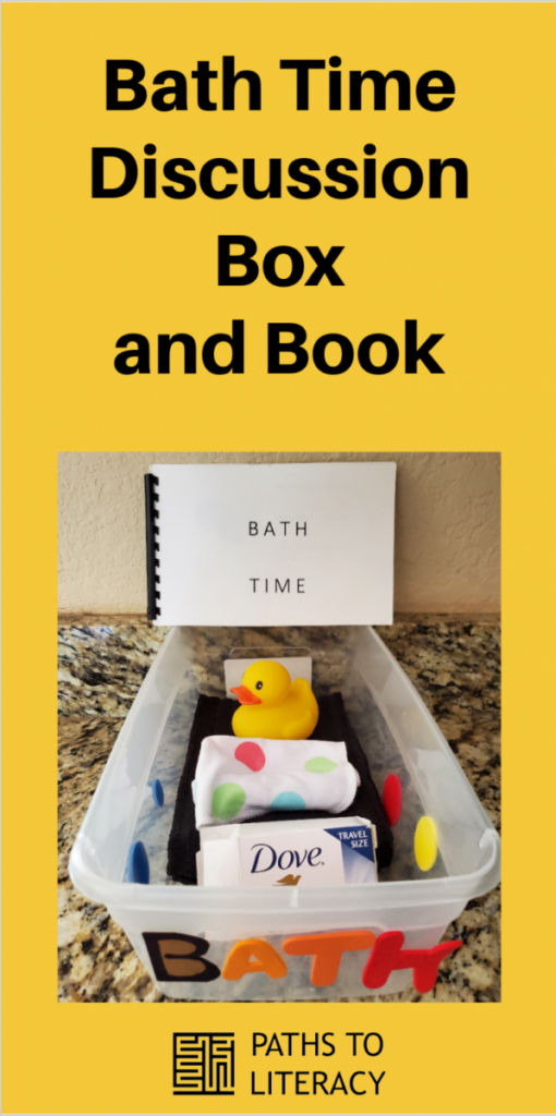Collage of bath time discussion box and book