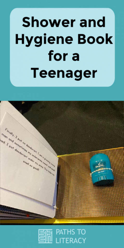 collage of shower and hygiene book for a teenager who is blind with autism (autistic)