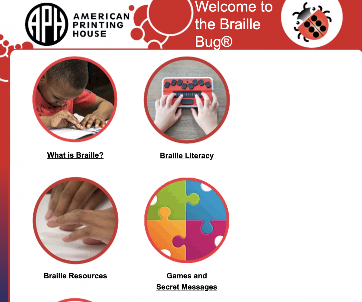 Three Blind Mice STEM activity worksheet with a Lego board and “three blind mice” spelled out using single, double, and triple Legos.  A print copy of AFB’s Braille Bug alphabet is shown as a reference.