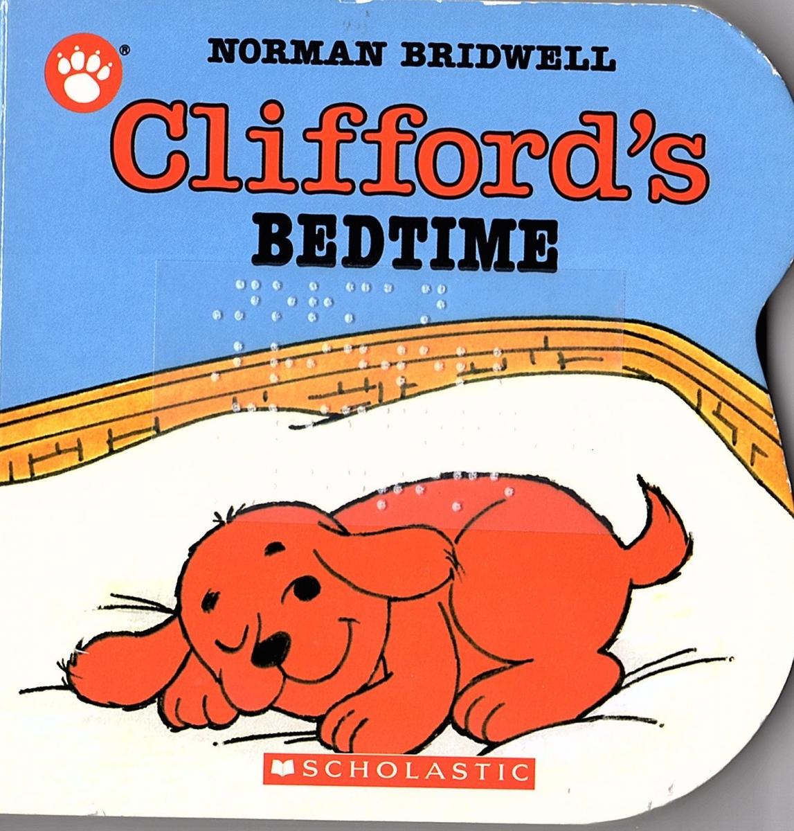 Cover of Clifford's Bedtime with braille label.