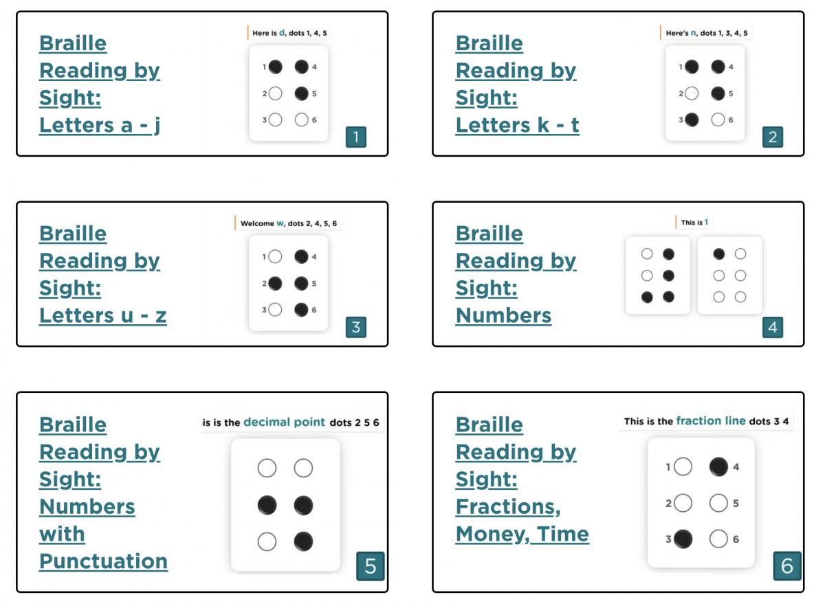 Screenshot of Hadley Braille Reading by Sight page