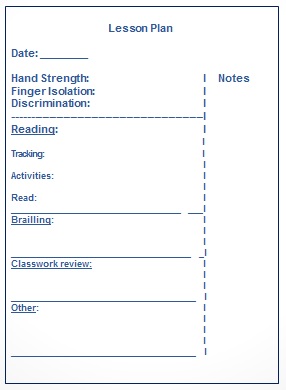 a sample lesson plan form including fields for hand strength, finger isolation, and discrimination