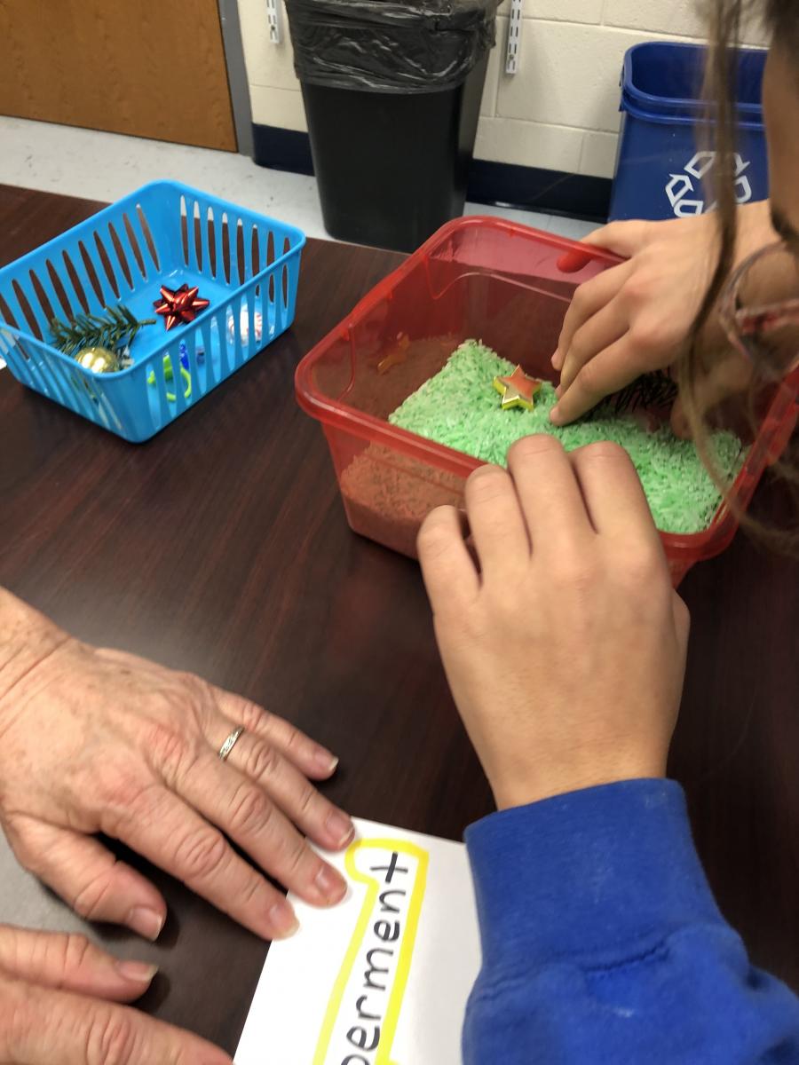 Looking for objects in bin of green rice