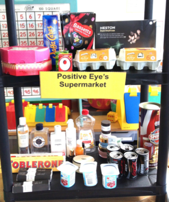 positive eye's supermarket items: soda cans, yogurt cups, etc.