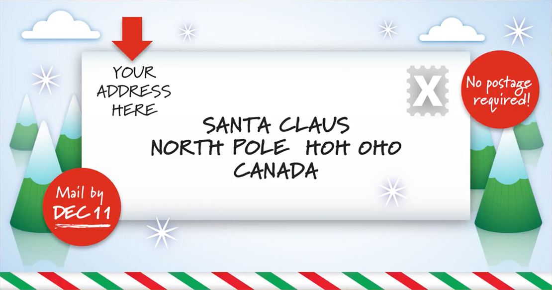 Envelope showing where to write address for letters to Santa