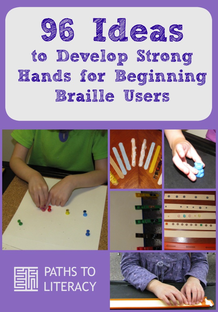 Pinterest collage with 96 ideas to develop handskills for braille literacy