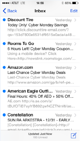 screenshot of an e-mail inbox on a phone screen