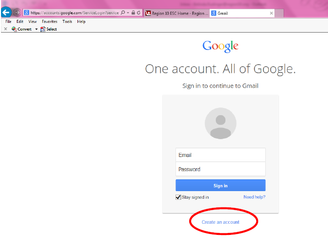 screenshot of the screen to create a new Gmail account