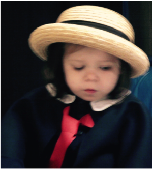 Madeline costume at Halloween Alison wearing Madeline costume at Halloween