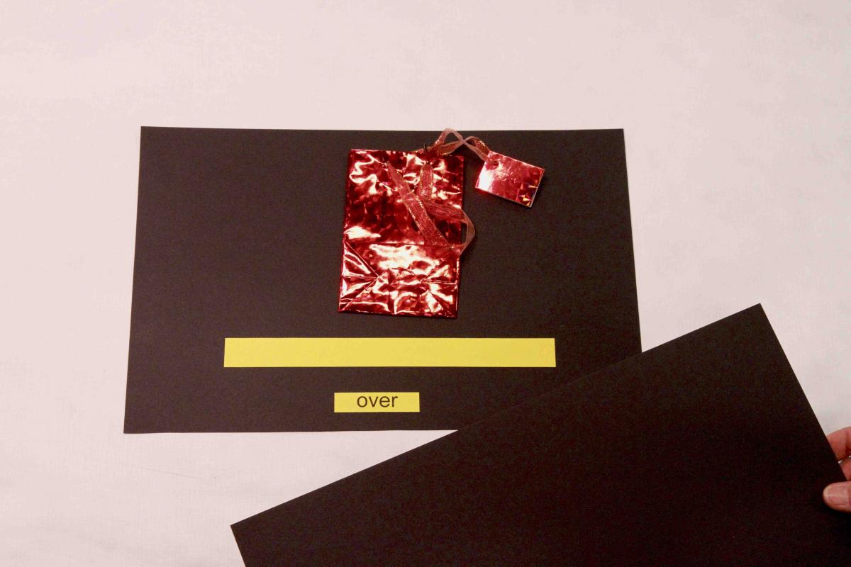 Red mylar bag book with yellow line and word 