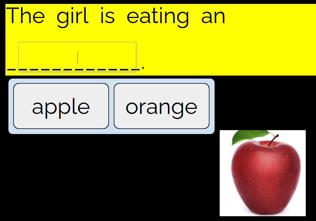 Boom card with sentence The girl is eating an _____apple or orange with a picture of an apple.