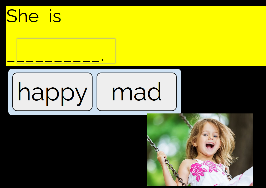 Boom card with sentence She is ____ happy or sad with a little girl happy on a swing.