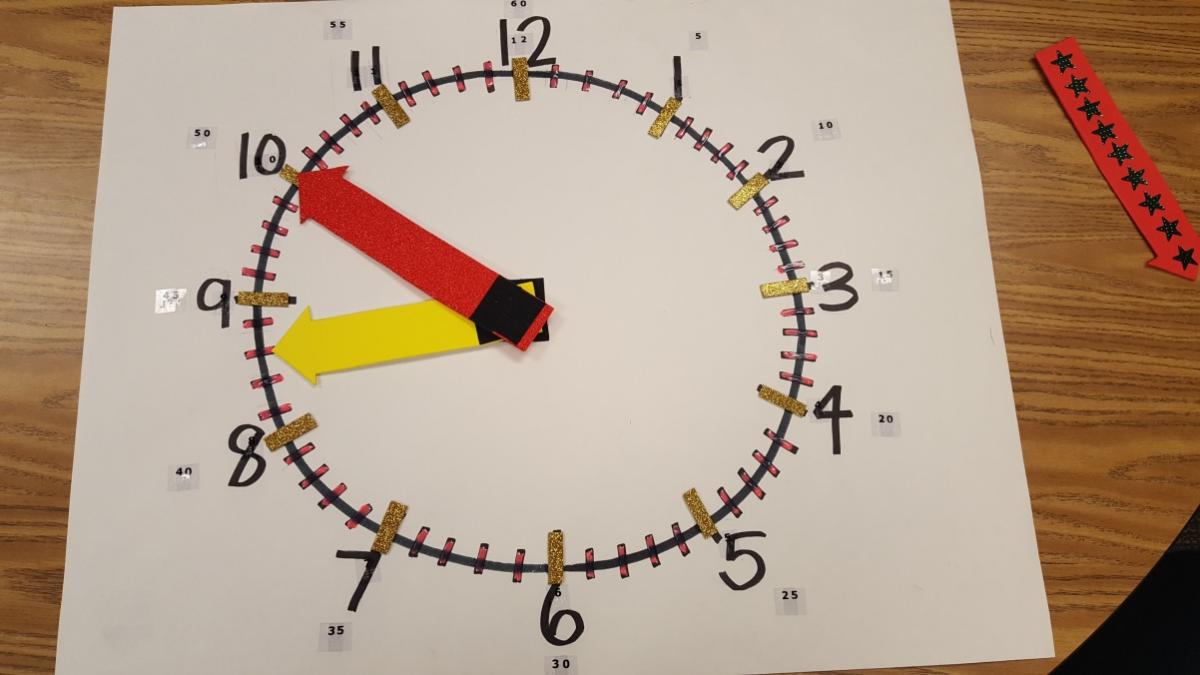 a clock showing 8:50 with a yellow hour hand and red minute hand