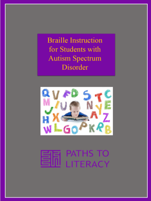 Braille instruction for students with Autism Spectrum Disorder title with a picture of a book reading a book and the alphabet is around him