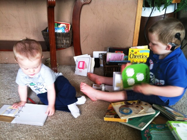 Young brothers explore books together