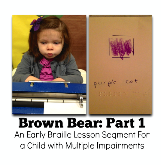 Young girl at braille machine and braille paper that says purple cat