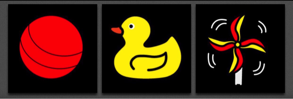 3 picture symbols in yellow and red: ball, duck, pinwheel