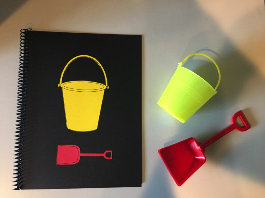 The red shovel is under the yellow bucket.