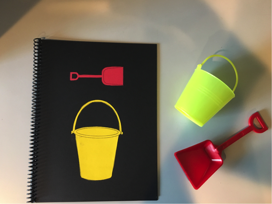 The red shovel is over the yellow bucket.