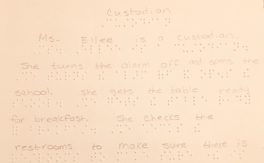 text from the student's report about the custodian in braille and print