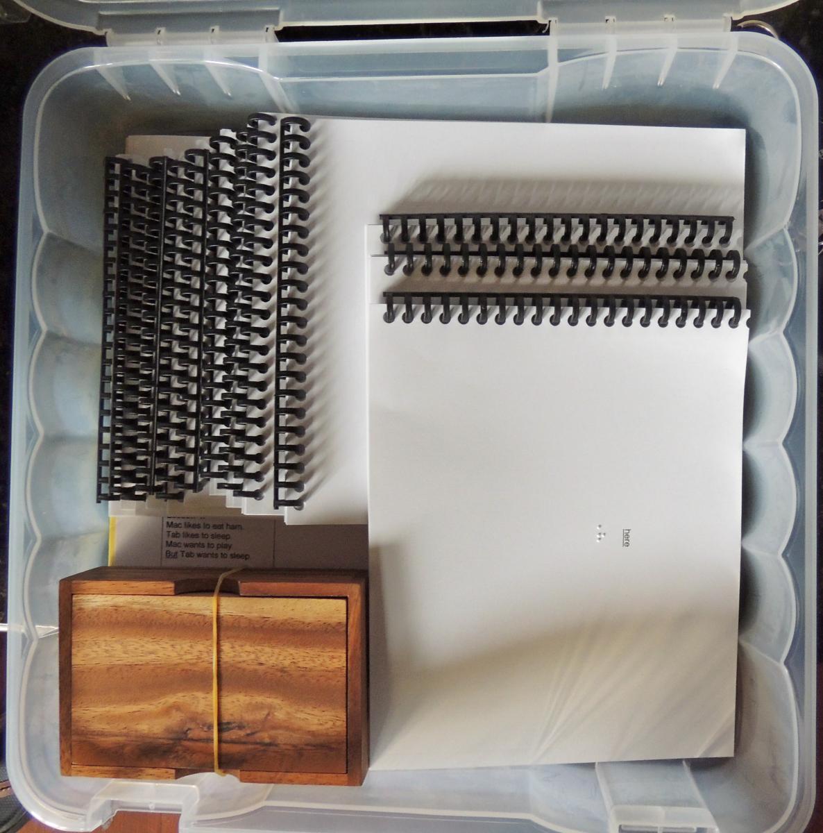 container containing all 13 brailled practice reading books, braille paper, braille production assignments, and the wooden box with 2 braille cells