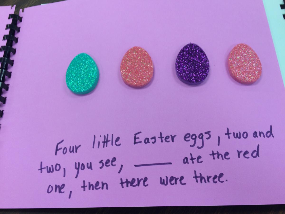 Four little Easter eggs, two and two, you see, __ ate the red one, then there were three.