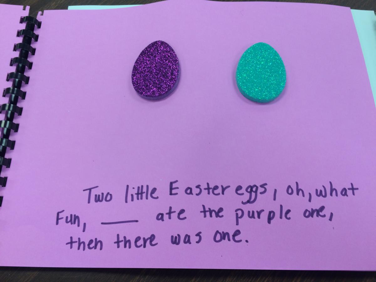 Two little Easter eggs, oh, what fun, __ ate the purple one, then there was one.