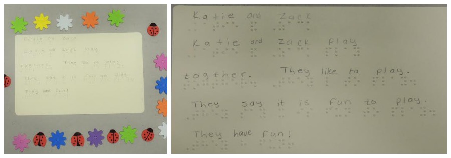 Story written out in handwriting and braille with drawings of flowers and lady bugs around it