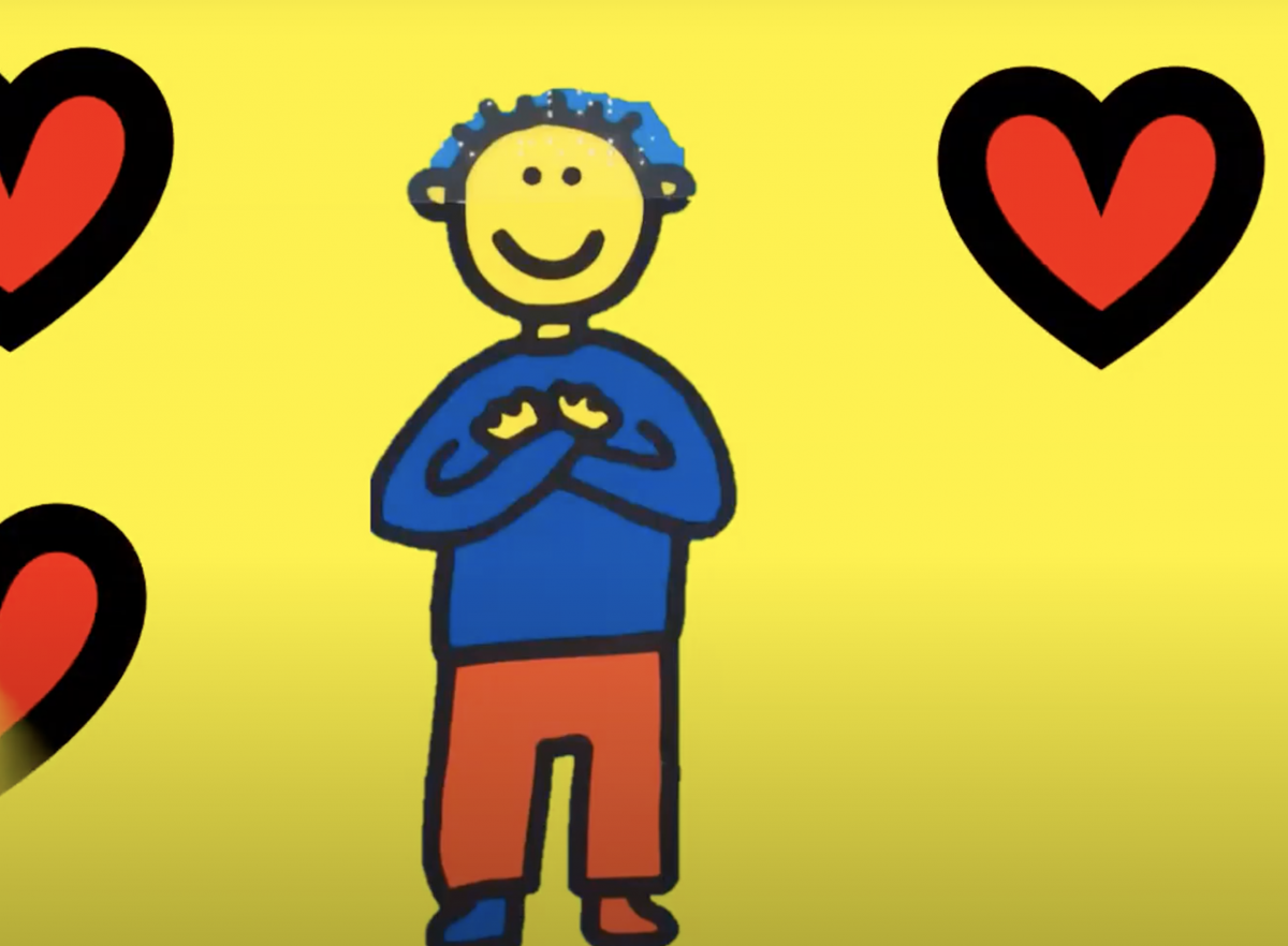 Yellow background with smiling stick figure surrounded by hearts