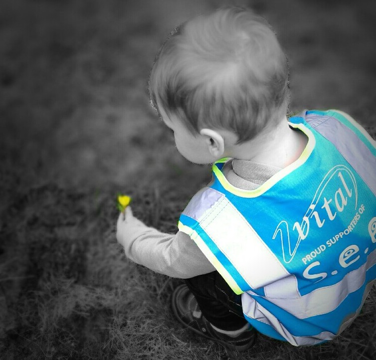 A young child touches a yellow flower