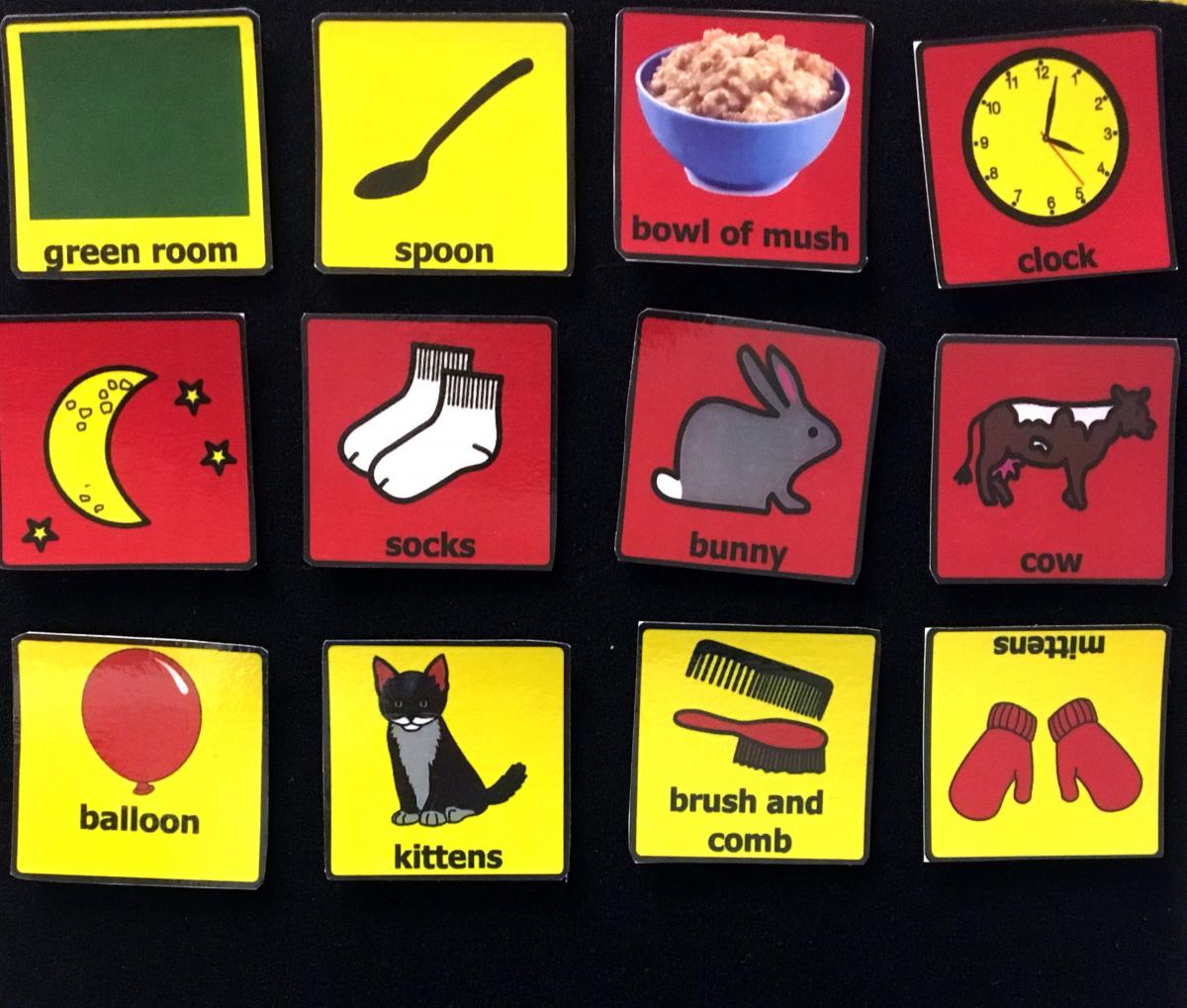 Click to enlarge the picture symbol cards. Boardmaker pictures for Goodnight Moon