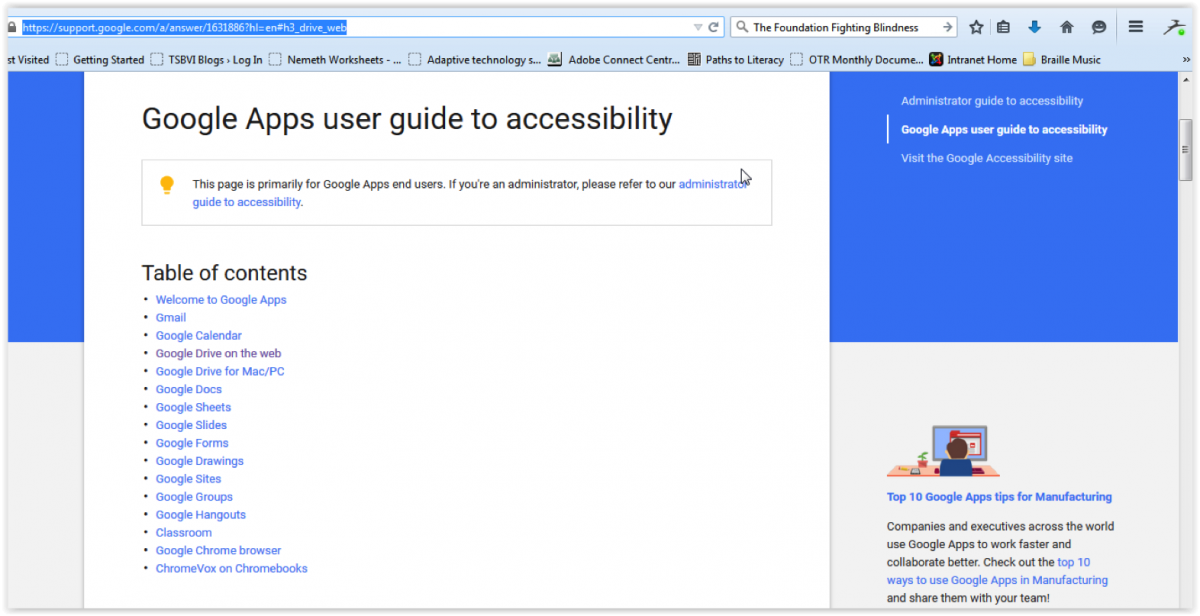 Google Apps User guide to accessibility screenshot