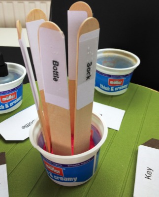 popsicle sticks in a cup with words in text and braille on them