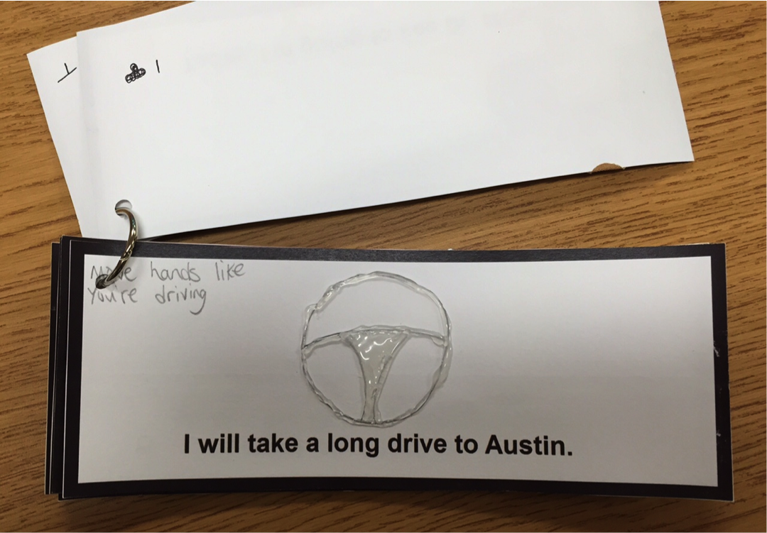 'I will take a long drive to Austin' with a drawing of a steering wheel