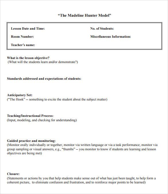 Planning Sheet following Hunter Model