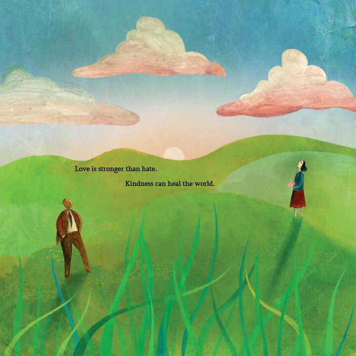 Artistic rendition of Martin and Anne walking on green hills with text 