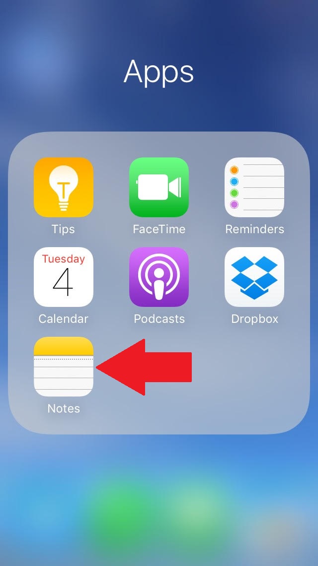iphone screen with a red arrow pointing to the Notes app