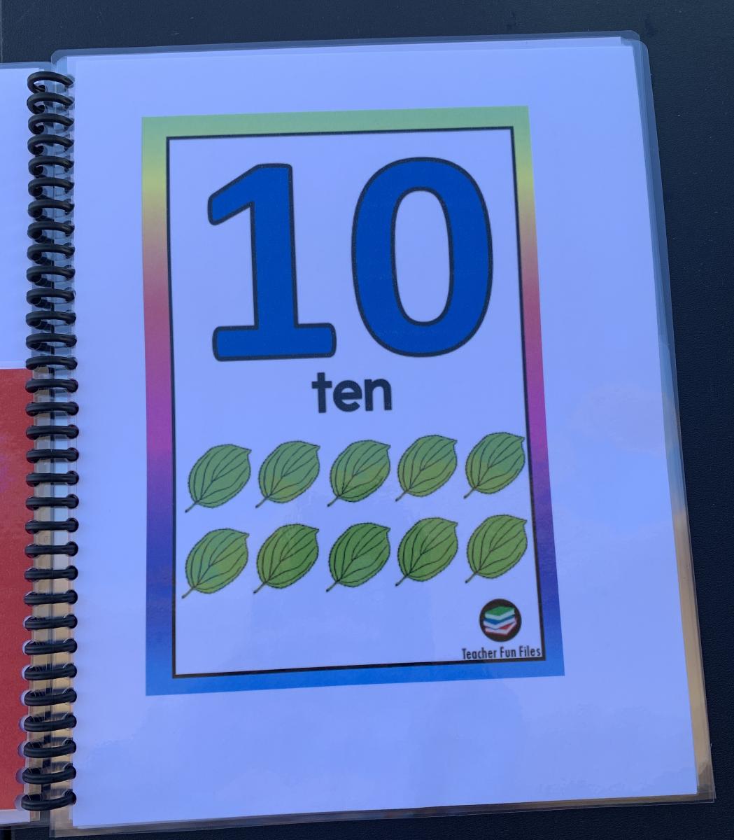 Page of book showing the number 10 with image of 10 green leaves Page of book showing the number 10 with image of 10 green leaves