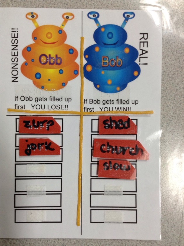 laminated sheet of paper  with two word lists, one with real words and one with nonsense words